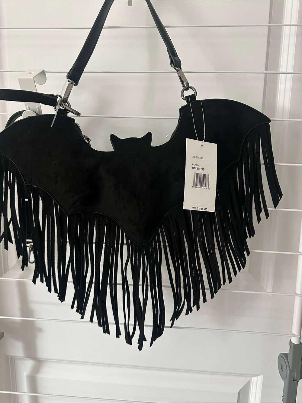 Betsey Johnson Black Suede Heart Fringe Shoulder Bag - Picture 2 of 3